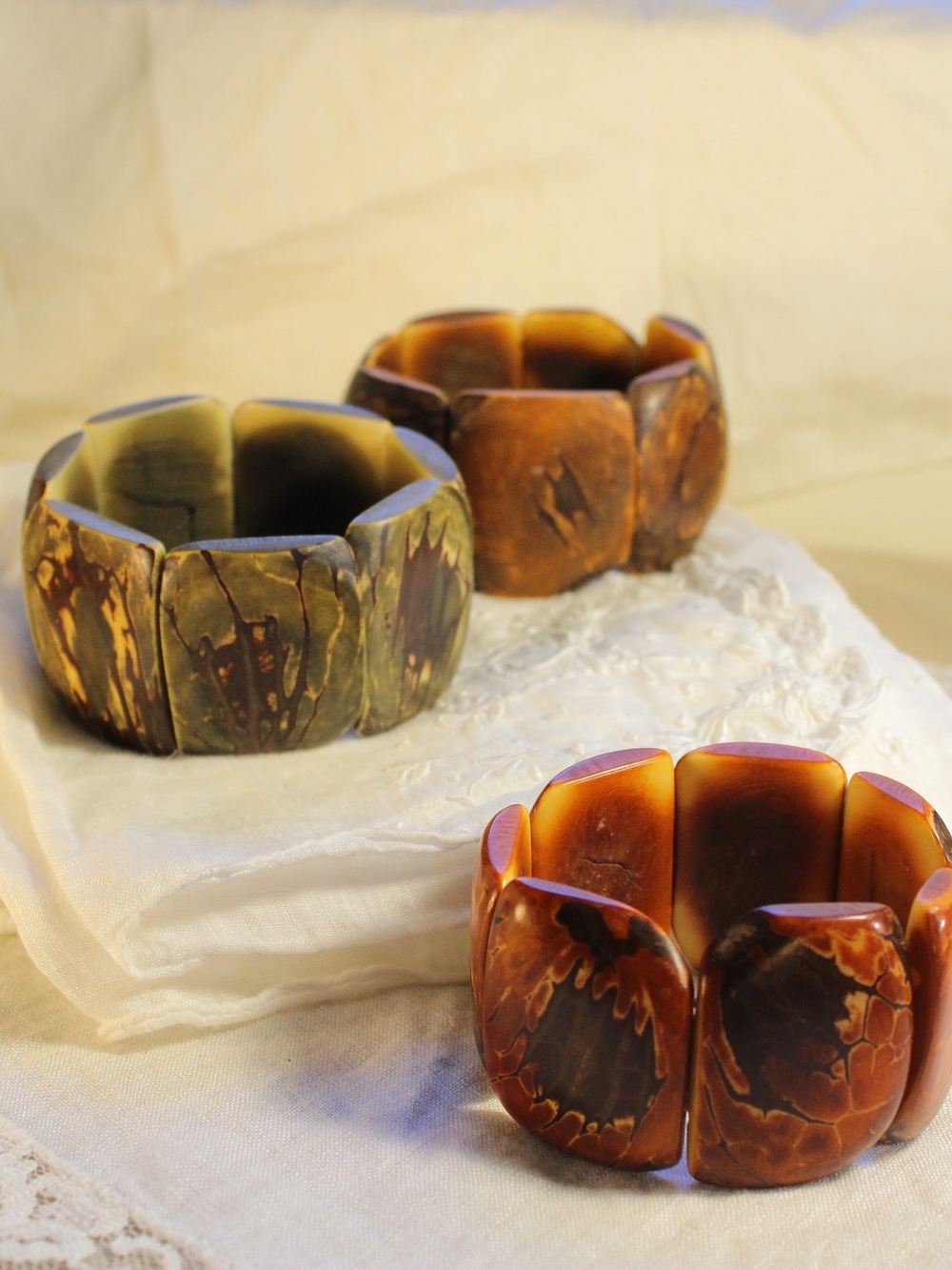 Y2K Boho Set of Stretchy, Chunky Tauga Nut Wooden Bracelets